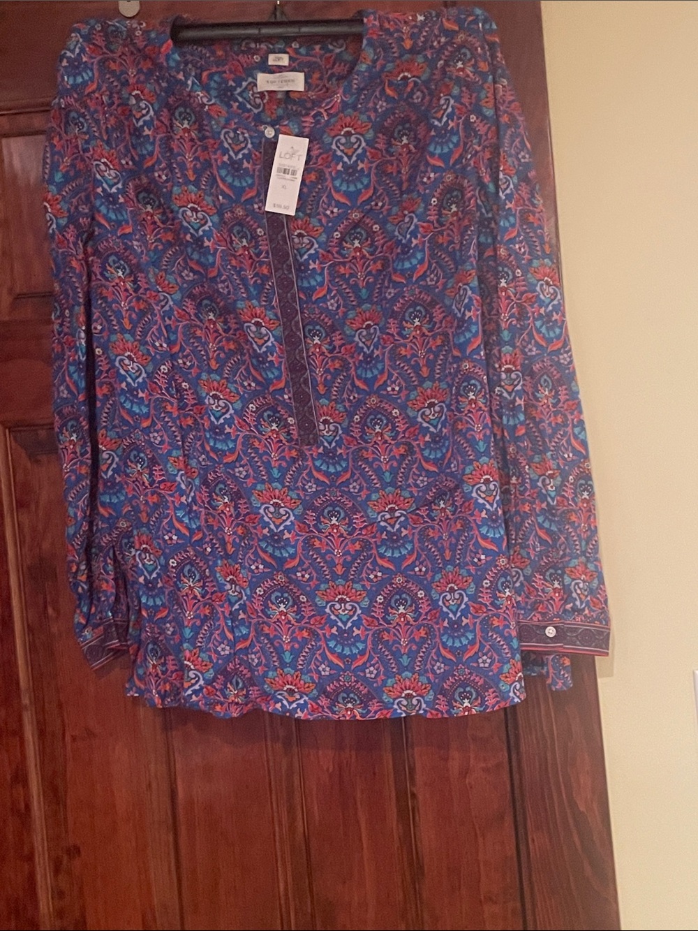 LOFT Navy Blue Paisley Long Sleeve Tunic with Pink Accents